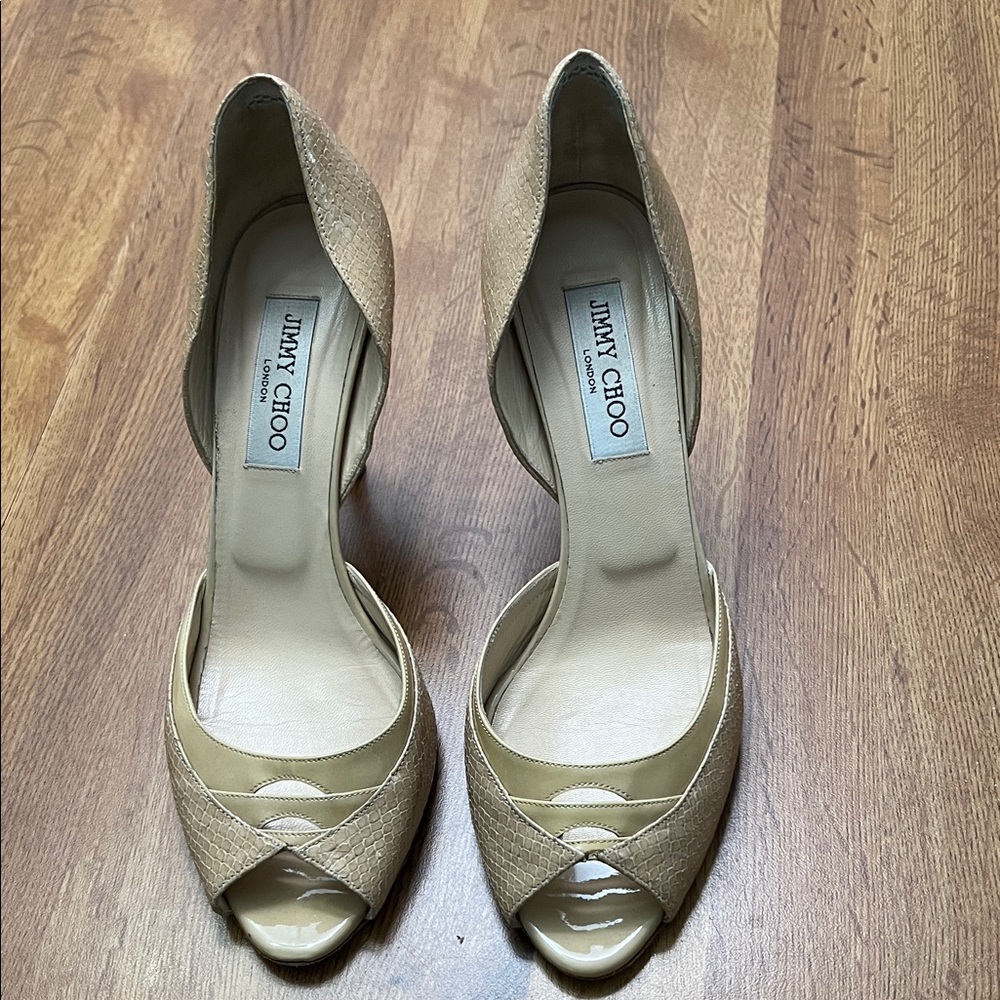 Jimmy Choo Tan Peep-Toe Heels